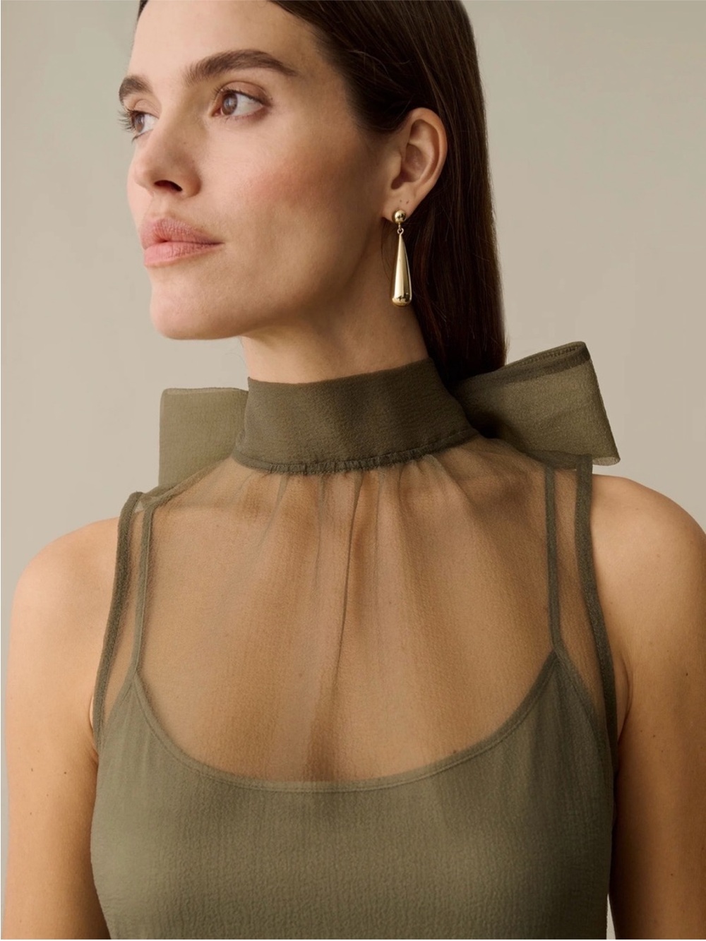 CAARA Alette Organza Maxi Dress  Sleeveless High-Neck Back Bow in Grey Moss NEW - Picture 4 of 14